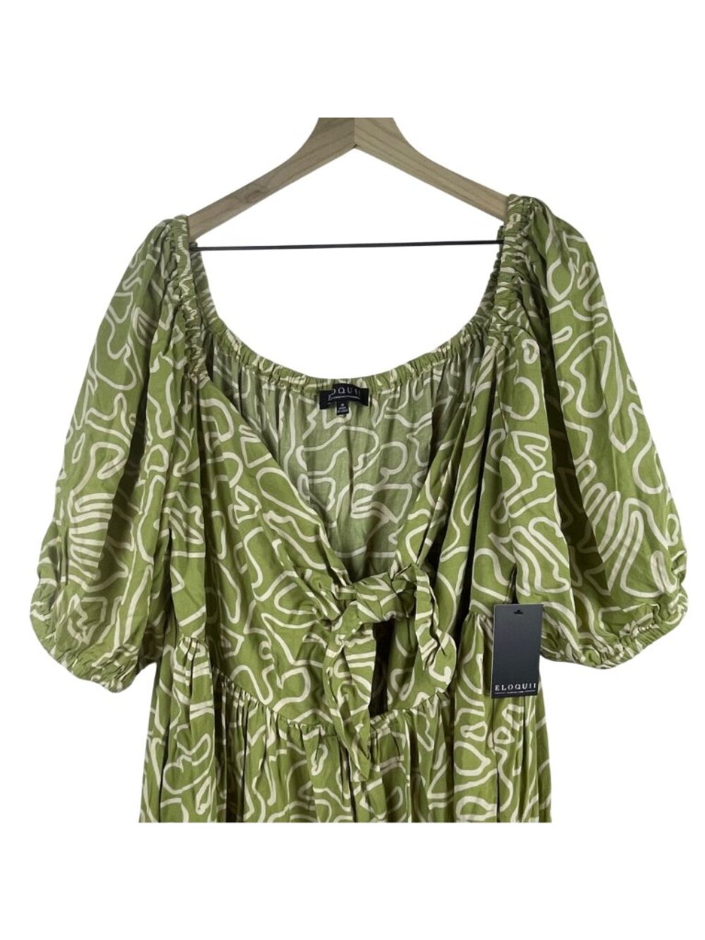 Eloquii Green Abstract Print Maxi Dress With Puff Sleeves & Tie Front Size 18 - Picture 2 of 9